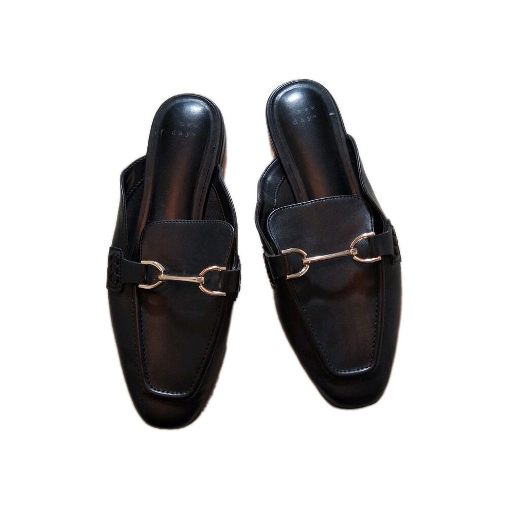 A New Day Women's Black Metal Bit Slip-On Flats‎ Faux Leather Size 8.5